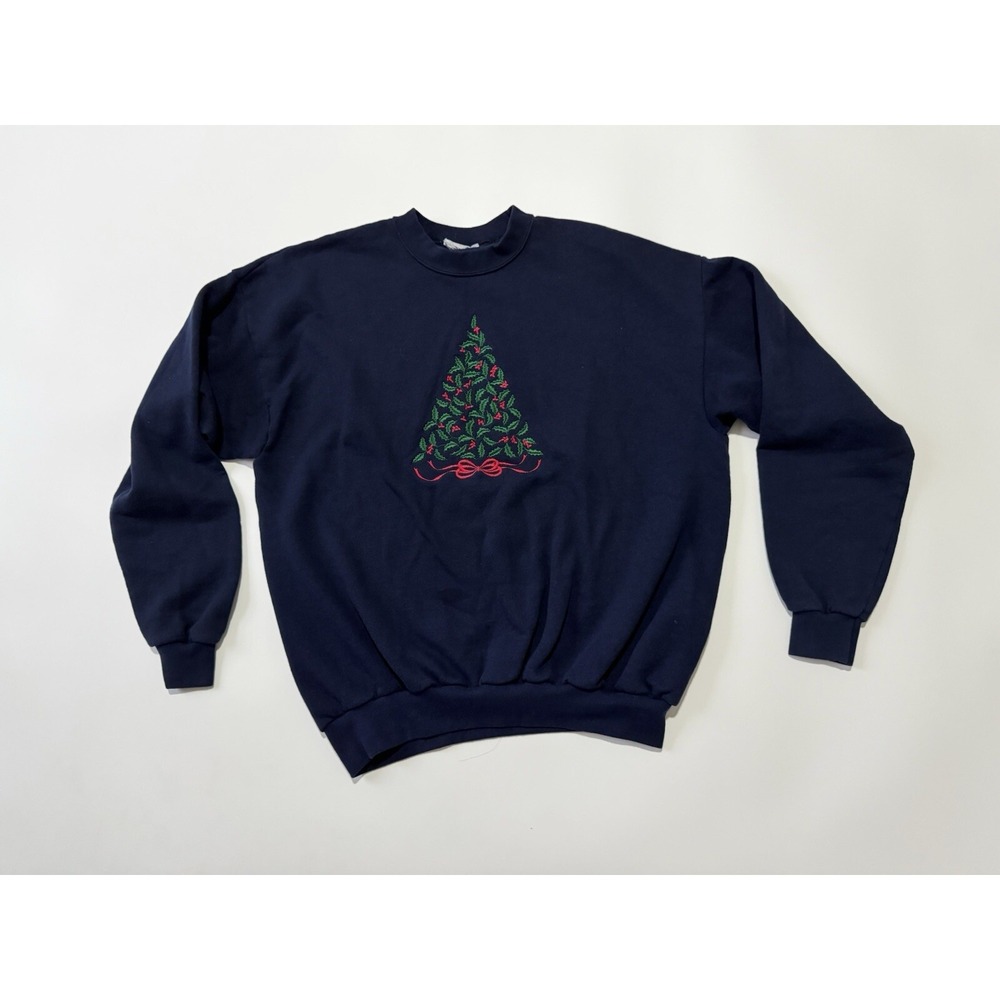 Vtg 90s Blue Crewneck Holly Christmas Tree Pullover Sweatshirt Holiday UNSIZED